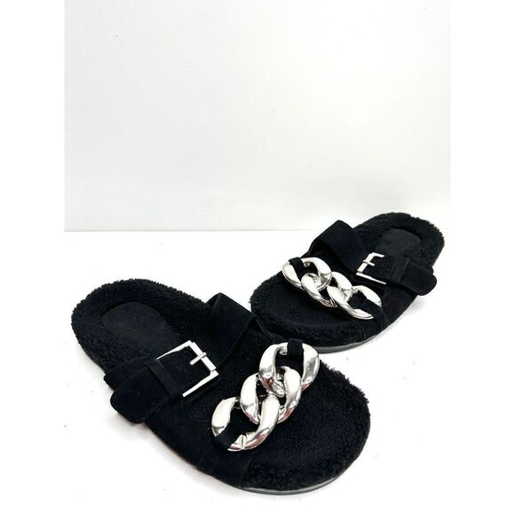 Marc Fisher Sandals Womens Size 6 Leather Black Fresno Shearling Sherpa Slides - Picture 7 of 10